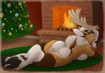  anthro antlers breasts butt capreoline cervid chimney christmas christmas_lights christmas_tree cloven_hooves female fetlocks fireplace holidays hooves horn inside keira_(artist) looking_at_viewer looking_back lying mammal nude on_front plant reindeer short_tail smile solo tree 