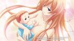  1girl baby blonde_hair blue_eyes breast_feeding breast_sucking breasts censored chaos;child collarbone hair_between_eyes hair_over_one_breast hair_ribbon holding huge_breasts kurusu_nono large_breasts long_hair mother_and_son nude official_art ribbon sasaki_mutsumi smile solo_focus standing 