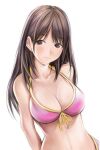  1girl anegasaki_nene arm_behind_back bangs bare_arms bare_shoulders bikini breasts brown_eyes brown_hair cleavage collarbone eyebrows_visible_through_hair front-tie_bikini front-tie_top halterneck large_breasts light_blush long_hair looking_at_viewer love_plus mole mole_under_eye nannacy7 navel parted_bangs pink_bikini simple_background solo swimsuit swimwear upper_body white_background 