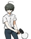  1boy ahoge bangs belt black_belt breast_pocket brown_hair collared_shirt contrapposto cowboy_shot danganronpa_(series) danganronpa_another_episode:_ultra_despair_girls dress_shirt genderswap genderswap_(ftm) green_eyes highres holding holding_megaphone male_focus megaphone naegi_komaru no_(xpxz7347) open_mouth pants pocket shirt shirt_tucked_in short_hair simple_background solo sweat white_background 