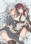  2girls alternate_costume angel_beats! apron black_dress black_legwear black_neckwear black_panties blue_eyes breasts cleavage covered_nipples dress enmaided garter_straps highres long_hair long_sleeves looking_at_viewer lying maid maid_headdress multiple_girls necktie on_back on_side panties panties_around_one_leg parted_lips puya red_hair ribbon shiny shiny_hair side-tie_panties silver_hair tenshi_(angel_beats!) thigh_strap thighhighs underwear untied untied_panties waist_apron white_apron white_legwear white_ribbon yellow_eyes yuri_(angel_beats!) 