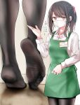  1girl apron bangs black_hair black_legwear collared_shirt commentary_request cowboy_shot eyebrows_visible_through_hair feet green_apron hair_ornament hair_scrunchie hand_up highres long_hair long_sleeves looking_at_viewer mask mole mole_under_eye mouth_mask multiple_views name_tag no_shoes oouso orange_eyes original pantyhose ponytail scrunchie shirt soles swept_bangs translation_request white_shirt wooden_floor 