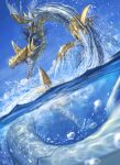  cloud commentary_request day digimon highres metalseadramon no_humans open_mouth outdoors partially_underwater_shot pokemon_(creature) sharp_teeth sky solo spareribs sparkle teeth water water_drop 