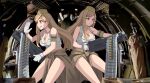  2girls :q ammunition_belt between_breasts breasts brown_hair brown_jacket cleavage clothes_around_waist commentary_request dog_tags dual_persona dummy girls_frontline gloves gun heavy_machine_gun holding holding_gun holding_weapon jacket jacket_around_waist large_breasts long_hair m2hb m2hb_(girls_frontline) machine_gun memphis_belle multiple_girls parody plane_interior red_eyes scene_reference shirt sleeveless sleeveless_shirt smile tab_(tabkun) tied_shirt tongue tongue_out weapon white_gloves white_shirt 