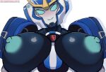  2021 big_breasts blue_eyes blue_nipples breasts bust_portrait coombrain15 cybertronian female hasbro humanoid machine nipples not_furry portrait robot robot_humanoid smile solo strongarm_(character) takara_tomy transformers transformers:_robots_in_disguise_(2015) transformers_aligned_continuity 
