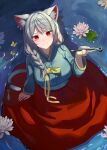  1girl absurdres animal_ear_fluff animal_ears braid bug butterfly cat_ears cat_girl cat_tail commentary dress english_commentary flower from_above grey_hair hanbok hand_up highres holding holding_smoking_pipe korean_clothes lily_pad long_hair long_sleeves looking_at_viewer multicolored_hair neneko_mashiro red_eyes red_streaks reso_l shallow_water single_braid sitting smoking_pipe solo stellive streaked_hair tail very_long_hair virtual_youtuber water water_lily_flower 