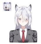  1girl ak-15_(erwin)_(girls'_frontline) ak-15_(girls'_frontline) animal_ears extra_ears girls'_frontline girls'_frontline_2:_exilium grey_hair hair_over_one_eye highres inset lemonisblue necktie official_art_inset simple_background solo upper_body voymastina_(girls'_frontline_2) white_background 