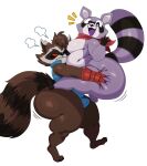 2025 annoyed anthro balls belly big_belly brown_body brown_fur brown_hair butt clothed clothing colored digital_drawing_(artwork) digital_media_(artwork) duo fluffy fluffy_tail fur genitals gloves gloves_(marking) guardians_of_the_galaxy hair handwear hi_res holding_another indigo_park kerchief leg_markings male male/male mammal markings marvel marvel_rivals moobs neckerchief neckwear nude open_mouth procyonid purple_eyes raccoon rambley_raccoon rocket_raccoon shaded simple_background slightly_chubby smile socks_(marking) sssonic2 striped_markings striped_tail stripes tail tail_markings thick_thighs tongue topwear white_background wide_hips