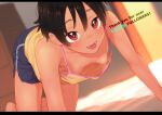  1girl all_fours azuse_neko bangs black_hair blue_shorts blush breasts downblouse extended_downblouse fang letterboxed looking_at_viewer milestone_celebration nipple_slip nipples open_mouth original red_eyes short_hair shorts small_breasts solo tank_top thank_you yellow_tank_top 