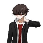  1boy bangs black_jacket blunt_bangs brown_hair collarbone danganronpa_(series) danganronpa_v3:_killing_harmony dress_shirt earrings eyebrows_visible_through_hair genderswap genderswap_(ftm) hand_on_own_neck hand_up harukawa_maki highres jacket jewelry long_sleeves looking_at_viewer male_focus no_(xpxz7347) open_clothes open_jacket open_shirt red_eyes red_shirt shirt short_hair simple_background solo upper_body white_background white_shirt 