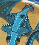 absurd_res animal_genitalia azureflame_(crimsonfire17) beach blue_body bodily_fluids claws cloaca dhalek dragon female feral frill_(anatomy) genital_fluids genitals glowing hi_res horn hybrid looking_at_viewer lying membrane_(anatomy) membranous_wings mythological_creature mythological_scalie mythology on_back presenting scales scalie seawing_(wof) signature skywing_(wof) solo tail tongue tongue_out wings wings_of_fire