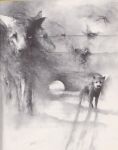  1976 20th_century abstract ambiguous_gender ancient_furry_art black_and_white canid canine canis creepy feral fog foggy ghostly greyscale group growling hi_res mammal monochrome moon shadow size_difference stephen_gammell surreal teeth teeth_bared traditional_media_(artwork) wolf 