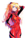  1girl blue_eyes hair_between_eyes hand_in_hair hand_on_hip interface_headset light_smile long_hair looking_at_viewer neon_genesis_evangelion orange_hair plugsuit shigi_0 solo souryuu_asuka_langley white_background 