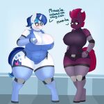  1:1 absurd_res anthro anthrofied areola big_breasts breasts broken_horn cleavage clothed clothing coatieyay crossgender duo english_text equid equine female friendship_is_magic hasbro hi_res horn mammal mtf_crossgender my_little_pony my_little_pony:_the_movie_(2017) overweight overweight_female shining_armor_(mlp) tempest_shadow_(mlp) text thick_thighs unicorn 