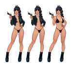  1girl abs baldur&#039;s_gate baldur&#039;s_gate_3 bikini black_bikini black_hair black_nails boots breasts breasts_apart cropped_jacket dungeons_&amp;_dragons earrings english_commentary full_body highres holding holding_removed_eyewear jacket jewelry large_breasts long_hair looking_at_viewer multi-tied_hair multiple_views navel no_bra no_pants olena_minko open_clothes open_jacket parted_lips pointy_ears scar scar_on_face shadowheart_(baldur&#039;s_gate) simple_background standing swimsuit toned toned_female unworn_eyewear white_background 