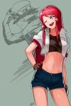  1girl ;d bangs blue_eyes blue_shorts brown_gloves collarbone contrapposto crop_top dezel_(tales) gloves grey_background hair_ornament head_tilt highres long_hair midriff navel one_eye_closed open_mouth red_hair rose_(tales) shiny shiny_hair shiny_skin short_shorts shorts signature smile solo standing stomach swept_bangs tales_of_(series) tales_of_zestiria ubo_(ubo_tales) very_long_hair 