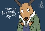  2020 adventure_time anthro antlers beastars blue_background cartoon_network cervid clothed clothing coat dialogue english_text horn humor looking_at_viewer louis_(beastars) male mammal necktie simple_background solo stag_(adventure_time) talking_to_viewer text topwear vest watermark yauhasart 