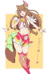  1girl :d animal_ears boots brown_hair commentary_request cosplay cure_flamingo cure_flamingo_(cosplay) eyebrows_visible_through_hair fingerless_gloves fishnet_legwear fishnets gloves hair_ornament highres long_hair looking_at_viewer midriff navel open_mouth pink_eyes precure raccoon_ears raccoon_girl raccoon_tail raphtalia red_footwear smile solo tail tate_no_yuusha_no_nariagari thighhighs translation_request tropical-rouge!_precure two-tone_background umanosuke white_background white_gloves yellow_background 