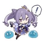  ! &gt;_&lt; 1girl breasts chibi dress freenote_mr full_body genshin_impact gloves hair_between_eyes highres keqing_(genshin_impact) long_hair looking_at_viewer pantyhose purple_eyes purple_hair simple_background slime_(genshin_impact) solo speech_bubble twintails white_background 
