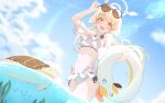  1girl absurdres astra_chichi bare_shoulders bikini blonde_hair blue_archive blue_sky breasts cloud cloudy_sky day goggles goggles_on_head halo hifumi_(blue_archive) highres holding holding_swim_ring innertube long_hair looking_at_viewer navel ocean open_mouth outdoors sky small_breasts solo standing stomach sunglasses swim_ring swimsuit turtle very_long_hair water white_bikini 