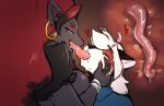  anthro bodily_fluids deep_tongue extreme_french_kiss eye_roll female french_kissing half-closed_eyes hi_res kissing larger_female narrowed_eyes nintendo pok&eacute;mon pok&eacute;mon_(species) saliva simple_background size_difference the_dogsmith tongue tongue_out video_games zoroark 