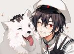  animal black_hair blush close dog gloves hat kaito male red_eyes short_hair tagme_(artist) uniform vocaloid 