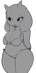  anthro big_breasts bikini blush bovid breasts caprine clothing female goat greyscale hearlesssoul hi_res horn mammal monochrome navel simple_background solo swimwear tenshigarden toriel undertale video_games white_background 