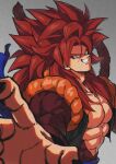  bangs bare_pecs biceps blue_eyes brown_fur clenched_teeth dragon_ball dragon_ball_gt foreshortening fusion fusion_dance gogeta grin highres looking_at_viewer metamoran_vest monkey_boy monkey_tail no_nipples open_hand outstretched_arm reaching red_hair relio_db318 smile smirk solo spiked_hair super_saiyan super_saiyan_4 tail teeth veiny_hands 