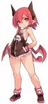  1girl closed_mouth demon_girl demon_horns disgaea fang full_body hair_between_eyes hands_in_pockets highres horns karukan_(monjya) makai_senki_disgaea_3 pointy_ears raspberyl red_eyes red_hair short_hair simple_background solo standing white_background 