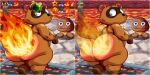 animal_crossing anyplant088 butt_on_fire canid canine duo fire goomba hi_res humanoid male male/male mammal mario_bros mario_pissing nintendo nude raccoon_dog super_mario_64 tanuki tom_nook_(animal_crossing)