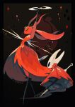  2girls ant_girl antennae arthropod_girl black_eyes black_skin cloak closed_eyes colored_skin dress full_body highres holding holding_weapon hollow_eyes hollow_knight hollow_knight:_silksong horned_mask hornet_(hollow_knight) horns looking_at_another mask multicolored_skin multiple_girls needle_(hollow_knight) no_mouth red_cloak red_dress red_skin skarrsinger_karmelita_(hollow_knight) spinning_weapon ssqx28ndw0vur8t standing weapon white_mask 