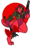  anthro armor axe bottomless clothed clothing demon doom_(series) doom_eternal female genitals gun hair hi_res holding_object holding_weapon horn id_software marauder_(doom) melee_weapon pussy ranged_weapon running shotgun solo trout_(artist) video_games weapon 