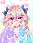  1boy adjusting_eyewear androgynous astolfo_(fate) black_bow bow eyelashes fate/apocrypha fate_(series) hair_bow heart_ring lensless_glasses long_hair male_focus multiple_hair_bows nekomiya_noru_(yuduki710) open_mouth pink-framed_eyewear pink_hair purple_eyes red_nails solo sweater trap upper_body xoxo yume_kawaii 