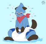3_fingers 3_toes ambiguous_gender anthro aqua_(innocentenough) artist_logo band-aid band-aid_on_face band-aid_on_nose bandage bandage_on_face bandage_on_nose blue_background blue_body blue_fur blush blush_lines bodily_fluids brown_ears brown_tail bubblepuppers clean_diaper clothed clothing cute_fangs dewott diaper diaper_squish drooling ears_down fangs feet fingers fur generation_5_pokemon gloves_(marking) hand_on_diaper heart_eyes heart_symbol hi_res intelligence_loss kerchief leg_markings logo markings neckerchief neckwear nintendo open_mouth open_smile orange_nose pivoted_ears pokemon pokemon_(species) red_kerchief red_neckerchief saliva simple_background sitting smile socks_(marking) solo tail teeth toes touching_diaper wearing_diaper whiskers white_diaper white_whiskers