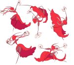  1girl absurdres ant_girl arthropod_girl closed_eyes colored_skin commentary_request dancing dual_wielding highres holding holding_weapon hollow_knight hollow_knight:_silksong korean_commentary multiple_views red_skin sema_beza simple_background skarrsinger_karmelita_(hollow_knight) spinning_weapon standing standing_on_one_leg weapon white_background 