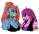  2020 absurd_res animal_humanoid anthro armband bedroom_eyes big_breasts black_clothing black_lips black_shirt black_tank_top black_topwear blue_body blue_skin breasts cleavage clothed clothing deltarune devyshirehell duo ear_fins eye_patch eyewear female fin fish gills hair hi_res humanoid jacket lips lizard looking_at_viewer lustful_eyes lustful_gaze makeup marine marine_humanoid mascara muscular muscular_female narrowed_eyes ponytail punk pupils purple_body purple_clothing purple_hair purple_shirt purple_skin purple_tank_top purple_topwear red_hair reptile reptile_humanoid scalie scalie_humanoid scar seductive shirt simple_background slit_pupils smile smiling_at_viewer susie_(deltarune) tank_top topwear undertale undyne video_games white_background yellow_eyes yellow_teeth 