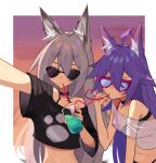  2girls absurdres animal_ear_fluff animal_ears bikini bikini_under_clothes black_shirt breasts cleavage cropped_shirt drinking_straw drinking_straw_in_mouth fang fang_out ghost_(tama) grey_hair halter_top halterneck highres hunched_over indie_virtual_youtuber long_hair medium_breasts multiple_girls navel negg_nasu original paw_print purple_hair self_shot shirt skin_fang smile sunglasses swimsuit virtual_youtuber wolf_ears wolf_girl 