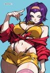  1girl absurdres bare_shoulders blue_background blush breasts cleavage closed_mouth cowboy_bebop faye_valentine fingernails green_eyes hairband highleg highleg_panties highres komatsuki_n long_fingernails looking_at_viewer midriff navel orange_hairband panties pink_thighhighs purple_hair short_hair short_shorts shorts simple_background smile solo thighhighs twitter_username underwear yellow_shorts 