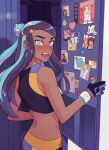  1girl bike_shorts black_hair blue_eyes blue_eyeshadow blue_hair blush chatea dark_skin dark_skinned_female dynamax_band embarrassed eyelashes eyeshadow gloves gym_leader hair_bun highres locker long_hair looking_to_the_side makeup multicolored_hair nessa_(pokemon) open_mouth partially_fingerless_gloves photo_(object) pokemon pokemon_(game) pokemon_swsh solo symbol_commentary tearing_up teeth tongue two-tone_hair 