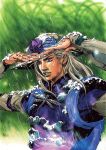  1boy araki_hirohiko beard blue_cape bug cape cowboy_hat dragonfly dragonfly_brooch facial_hair fingernails goggles goggles_on_headwear green_lips grey_hair grey_hat grey_sleeves gyro_zeppeli hat high_collar highres jojo_no_kimyou_na_bouken jojo_pose layered_sleeves long_hair long_sleeves makeup male_focus official_alternate_costume official_art parted_lips purple_eyes purple_shirt purple_sleeves scan shirt short_over_long_sleeves short_sleeves snow_on_clothes snow_on_headwear snowing solo steel_ball_(jojo) steel_ball_run teeth traditional_media upper_body 
