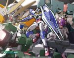  00_qan[t] artist_name beam_rifle blue_eyes commentary_request copyright_name energy_gun full_body green_eyes gun gundam gundam_00 gundam_00_a_wakening_of_the_trailblazer gundam_harute gundam_raphael gundam_zabanya highres holding holding_gun holding_sword holding_weapon mecha mecha_focus mobile_suit no_humans robot science_fiction shield sword v-fin weapon white_eyes yanase_takayuki 