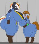  absurd_res big_butt blush breasts butt cleavage clothed clothing coatieyay duo equid equine fallout_equestria fan_character female female/female hasbro hi_res horn huge_butt larger_female littlepip mammal my_little_pony size_difference smaller_female thick_thighs unicorn velvet_remedy 