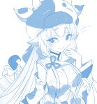  1girl absurdres animal_ears animal_print bangs bow breasts bright_pupils cleavage cow_ears cow_girl cow_hat cow_print cow_tail ear_piercing eyebrows_visible_through_hair finger_to_cheek granblue_fantasy highres large_breasts monochrome open_mouth piercing see-through shatola_(granblue_fantasy) silenxe smile solo tail white_background white_pupils 