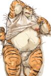 2021 absurd_res anthro belly blush bodily_fluids bulge clothing felid genital_fluids hi_res humanoid_hands kemono kotobuki lion lying male mammal moobs obese obese_anthro obese_male overweight overweight_anthro overweight_male pantherine precum shirt solo sweat tiger topwear underwear 