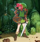  1boy absurdres boomerang boots bow_(weapon) bracelet brown_boots closed_mouth commentary earrings fairy full_body green_hat green_tunic hat highres holding holding_shield holding_sword holding_weapon jewelry ladder layered_sleeves link long_sleeves looking_to_the_side male_focus pink_hair pointy_ears potion shield short_over_long_sleeves short_sleeves solo standing sword the_legend_of_zelda the_legend_of_zelda_(nes) tunic vile_domple weapon 