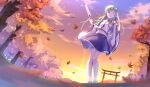  japanese_clothes katee kochiya_sanae leaves sunset touhou tree 