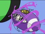  1girl apc_(bn0407) ball beanie black_headwear blue_background breasts cleavage commentary eyes foot_ball hat hitting in_ball ink inkling mask minigirl motion_lines mouth_mask paint purple_eyes purple_hair splatoon_(series) thick_eyebrows 