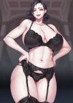  1girl alcina_dimitrescu black_bra black_legwear black_panties bra breasts cameltoe cleavage garter_belt garter_straps gonster hands_on_hips highres large_breasts looking_at_viewer navel pale_skin panties resident_evil resident_evil_village small_head smile solo stomach thighhighs toned underwear 