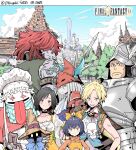  1other 3girls 4boys absurdres adelbert_steiner amarant_coral aqua_eyes arm_belt arm_tattoo armor ascot bare_shoulders bib black_choker black_hair black_mage_(final_fantasy) blonde_hair blue_coat blue_hair blue_vest blush bodysuit bow breastplate breasts brown_eyes burmecian castle chef_hat choker closed_mouth coat collarbone collared_shirt colored_skin copyright_name crystal dagger dated dreadlocks earrings eiko_carol final_fantasy final_fantasy_ix freya_crescent frown garnet_til_alexandros_xvii gloves green_eyes green_vest grey_gloves grey_hair grey_skin hair_between_eyes hair_bow hat hat_feather helm helmet highres holding holding_dagger holding_knife holding_polearm holding_staff holding_weapon hoop_earrings horns jacket jewelry juliet_sleeves knife knight lakugali_shiki lizard_tattoo long_sleeves low_ponytail medium_breasts moogle mouse_girl multiple_boys multiple_girls open_mouth orange_bodysuit orange_bow orange_overalls orange_sweater overalls parted_bangs pendant pink_bodysuit pink_coat plate_armor polearm ponytail puffy_sleeves quina_quen red_helmet red_jacket shirt short_hair shoulder_armor single_horn smile staff sweater tabard tattoo tongue tongue_out torn_clothes torn_sleeves turtleneck turtleneck_sweater twitter_username upper_body vest vivi_ornitier weapon white_ascot white_shirt white_skin winged_helmet wizard_hat yellow_eyes zidane_tribal 