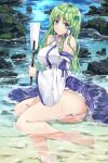  1girl bangs barefoot beach blue_eyes blue_skirt breasts closed_mouth collared_shirt detached_sleeves eyebrows_visible_through_hair frilled_skirt frills frog_hair_ornament fule full_body gohei green_hair hair_ornament hair_tubes highres holding kochiya_sanae large_breasts long_hair looking_at_viewer nontraditional_miko outdoors panties rock see-through shirt sitting skirt smile snake_hair_ornament solo touhou underwear wet white_panties white_shirt wide_sleeves yokozuwari 
